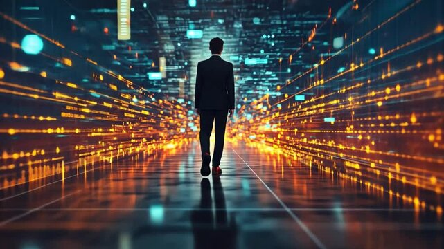 Navigating the Digital Frontier: A silhouette of a man in a suit, navigating a mesmerizing digital landscape with streams of data flowing by. The image symbolizes progress and futuristic concept