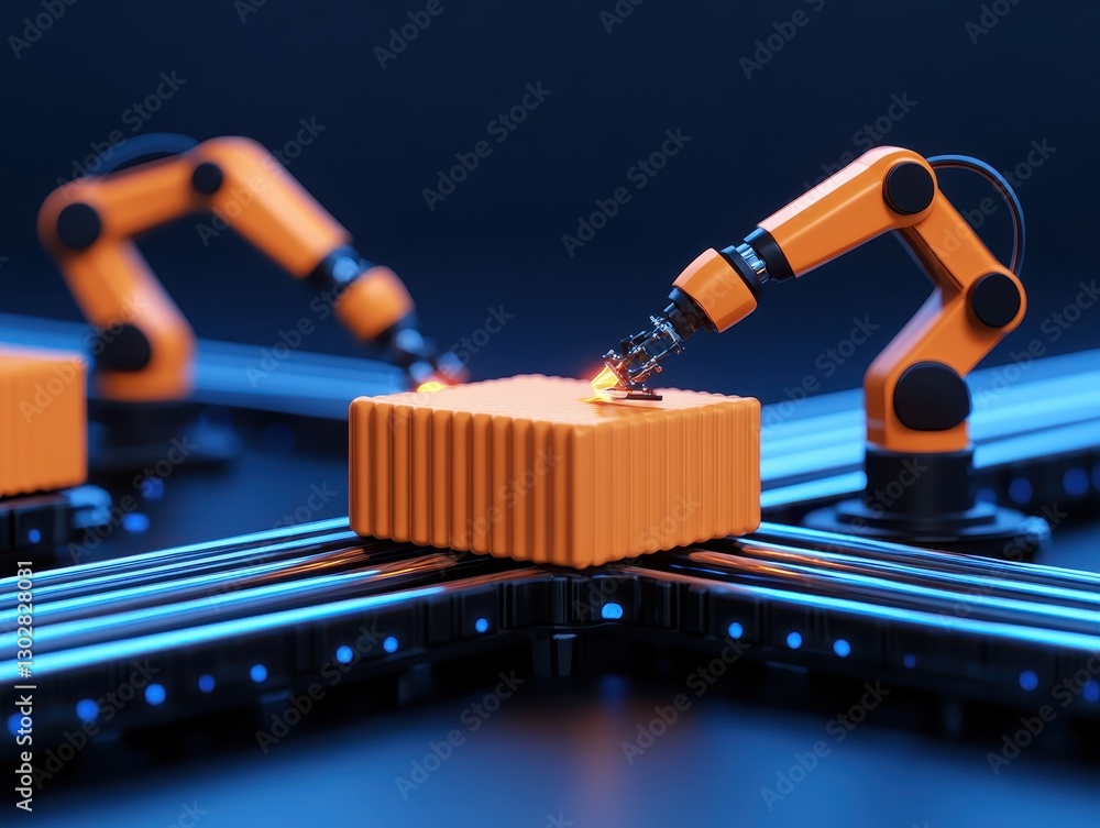 Poster robotic arms assembling a bright orange cube in a futuristic factory setting
