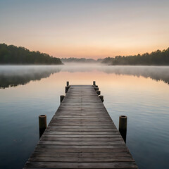 Fototapeta premium A calm lakeside dock extending into still water, surrounded by mist and reflecting the soft colors of sunrise. 