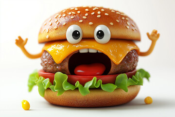 3D hamburger sandwich tasty burger cartoon isolated on white background