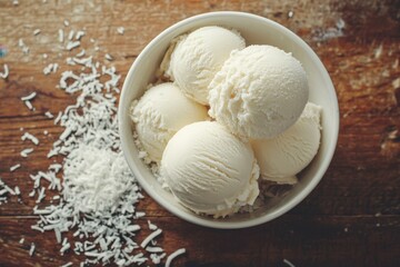 Chilled Coconut Delight: Creamy Ice Cream Balls Dusted with Desiccated Coconut on Rustic Wooden Surface