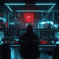 Mysterious Hacker in Dark Room with Multiple Computer Screens