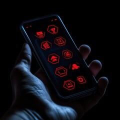 Glowing Smartphone in Hand with Red Icons on Dark Background