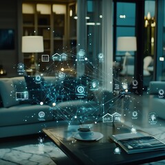 Futuristic Living Room with Digital Graphical User Interface Overlay