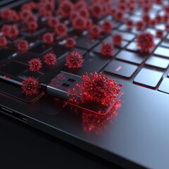 USB Device Surrounded by Red Virus Particles on Laptop Keyboard