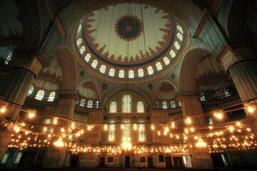 Ornate mosque interior with dome, stained glass, and chandeliers.