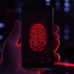 Red Neon Fingerprint Display on Smartphone Screen in Dark Environment