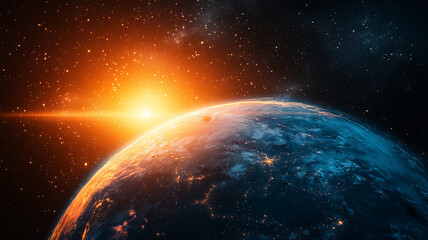 stunning view of Earth from space, showcasing vibrant colors of atmosphere and sun rising on horizon, highlighting beauty of our planet