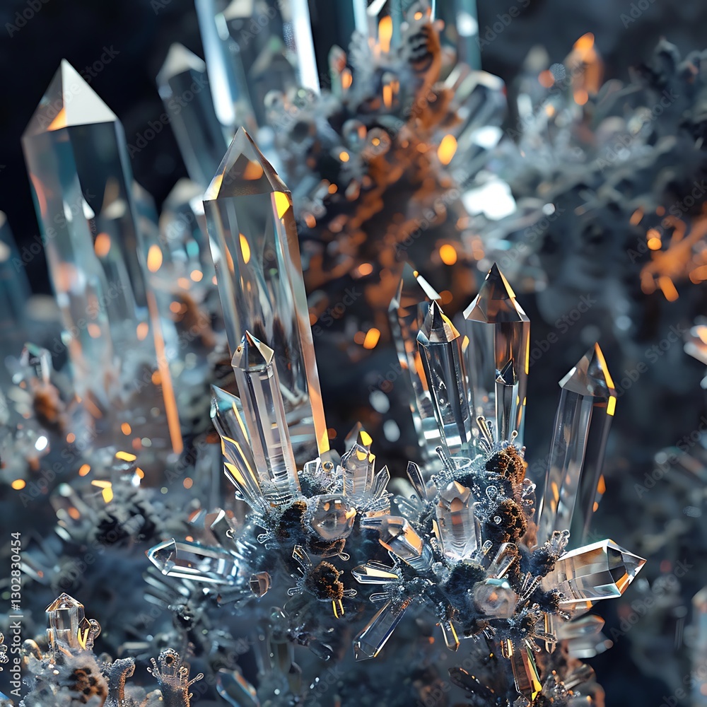 Poster cluster of clear crystals with sharp points and reflective surfaces, creating a mineral, gemstone, a