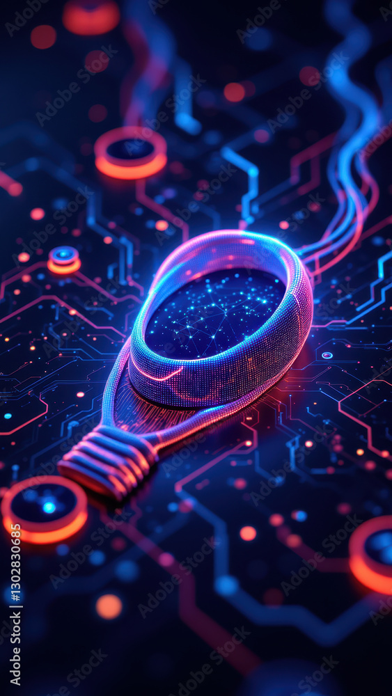 Poster illustration featuring a lightbulb with digital network lines, symbolizing innovation and technology