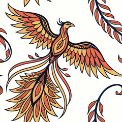A seamless pattern with a phoenix bird with orange and yellow feathers, long tail and wings spread, surrounded by leaves on a white background