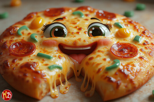 Close up photography of a 3D happy cartoon delicious pizza isolated