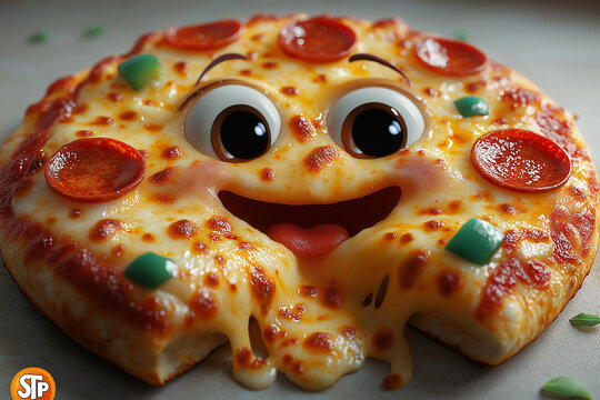 Close up photography of a 3D happy cartoon delicious pizza isolated