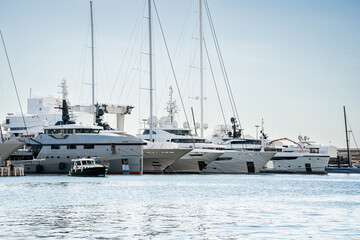 Large Superyachts at dock in shipyard located in Marina of Palma de Mallorca, in the Balearic islands of spain © lupiphoto