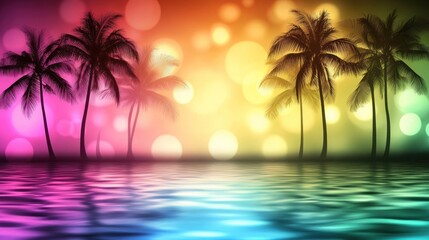 Fototapeta na wymiar Palm Trees Reflecting in Water with Colorful Bokeh Background Illustration
