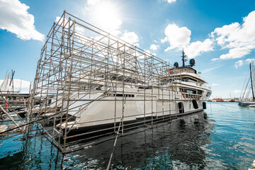 Large Superyachts at dock in shipyard located in Marina of Palma de Mallorca, in the Balearic...