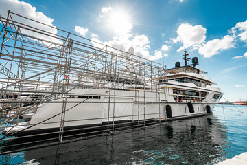 Large Superyachts at dock in shipyard located in Marina of Palma de Mallorca, in the Balearic...