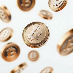 Obraz premium Floating golden Bitcoin coins representing cryptocurrency and digital finance. Perfect for concepts of investment, technology, and modern currency.