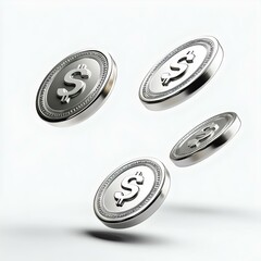 Obraz premium Floating silver coins with dollar signs, symbolizing wealth, finance, and prosperity. Ideal for financial themes and investment illustrations.