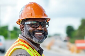 Fototapeta premium Smiling Black construction worker in hard hat and safety vest. Perfect for construction, safety, and diversity projects.
