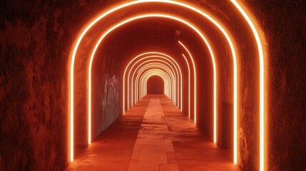 Naklejka premium 4. Dark Corridor with Orange Neon Lighting in 3D Render