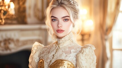 Elegant woman with blonde hair, adorned in lace and gold, poses in a grand room, exuding timeless beauty. Portrait of a regal lady.