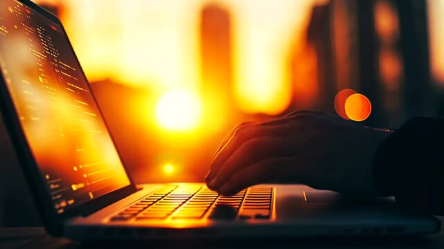 Programmer coding at sunset, city skyline background; tech, freelance, work