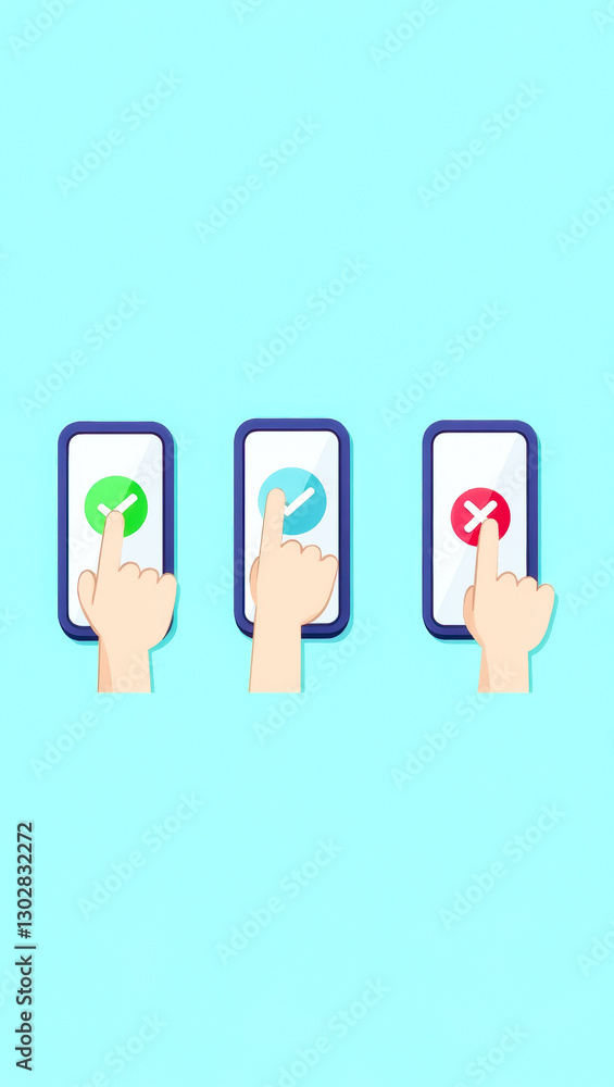 Poster three hands using smartphones to select various options using checkmarks and x symbols
