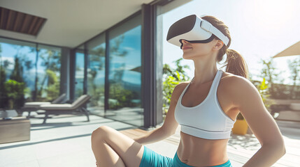 Young Woman Athletic Wear Is Seated Outdoors Patio, Wearing Vr Headset. Appears Relaxed Engaged Virtual Reality Experience.