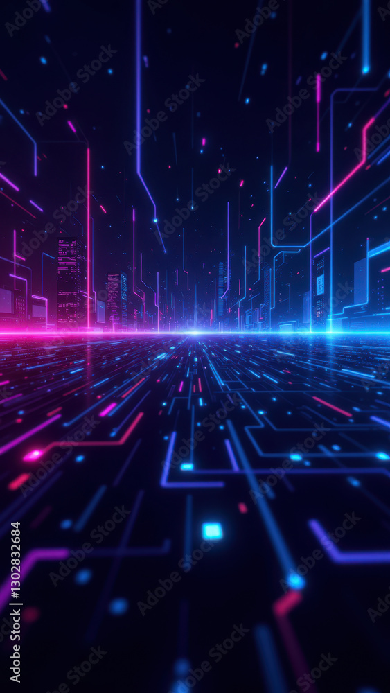 Poster a vibrant digital landscape with neon lights and circuitry elements, representing the interconnected