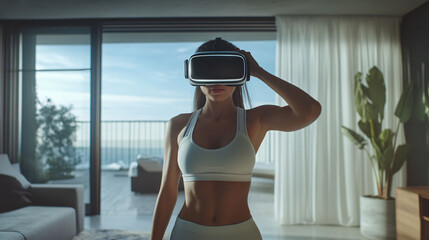 Modern Young Woman, Wearing White Sports Bra Leggings, Is Shown Adjusting Virtual Reality Headset Apartment. Features Large Windows Overlooking Ocean View.