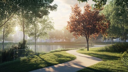 Obraz premium Sunlight Brightly Illuminates a Waterfront Park with Houses Across the Water