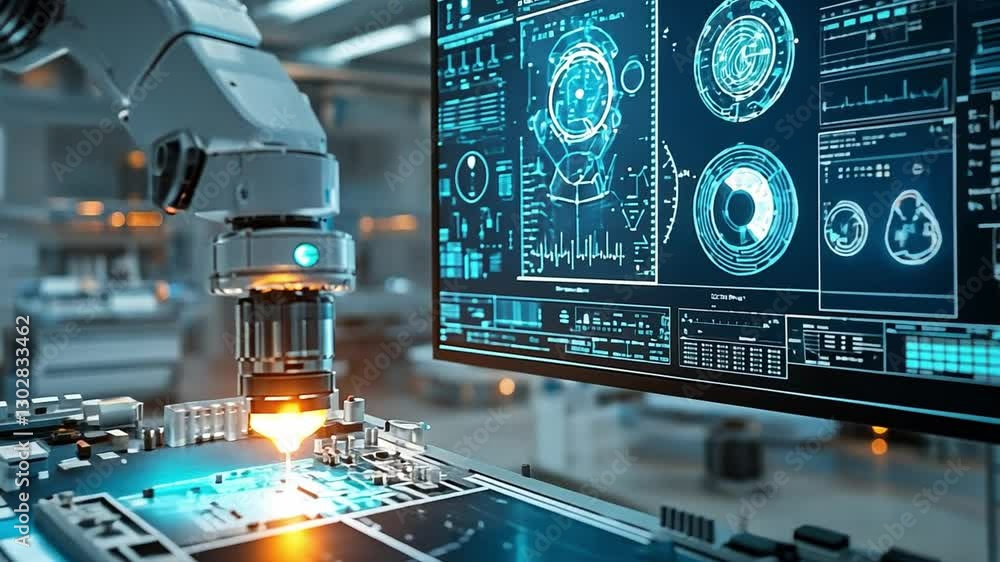 Poster robotic precision: a robotic arm meticulously works on a circuit board, a high-tech display provides
