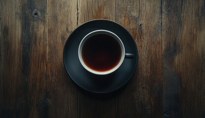 Overhead view of a cup of tea on a wooden table. (2)