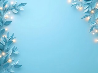 Obraz premium Serene blue background adorned with soft leaves and glowing lights for decoration