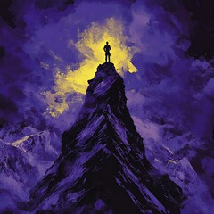 A silhouette of a climber atop a majestic mountain peak against a vibrant, glowing background. Perfect for conveying achievement and adventure.
