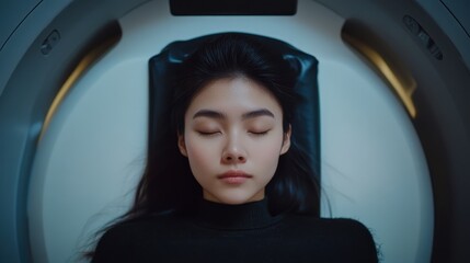 A woman is laying in a machine with her eyes closed
