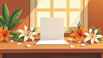 Artistic blank greeting card with lilies on wooden desk, serene beauty
