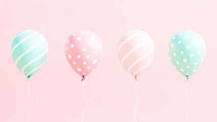 four pastel balloons with different against a pink backdrop