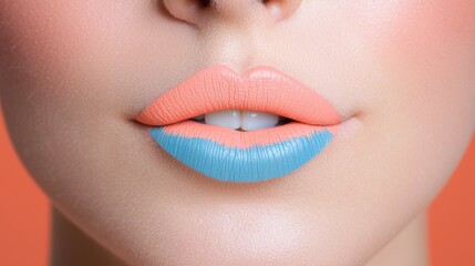 Fototapeta premium Creative Lip Makeup with Dual Pastel Colors on Orange Background