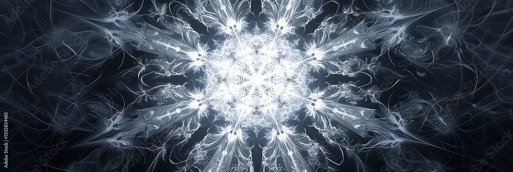 Poster symmetrical abstract snowflake or mandala pattern in monochrome grey tones, creating a detailed and 