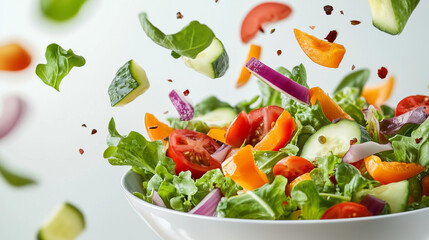 Fresh vegetables cascading into a salad bowl, embodying simplicity and health.