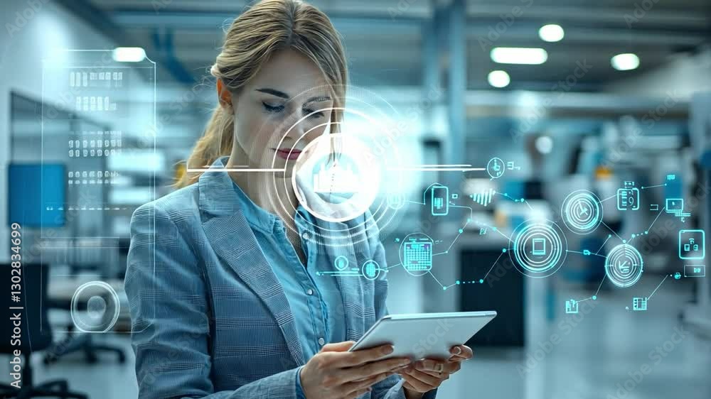 Poster tech-savvy leader: a focused business professional expertly navigates digital interfaces using a tab