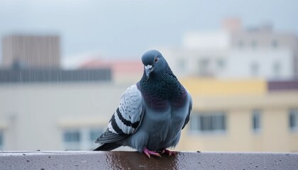 A close-up of a gray pigeon perched on a ledge, with raindrops in the background, showcasing its vibrant feathers and curious expression.