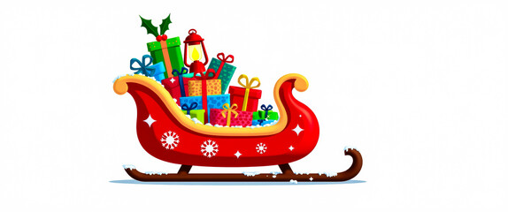 Fototapeta premium red sleigh filled with colorful wrapped gifts and a lantern