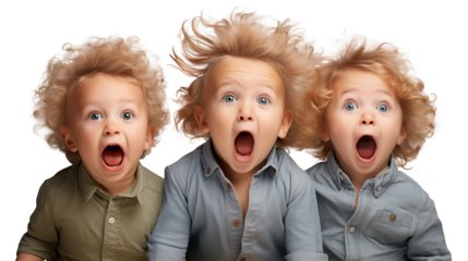Three toddlers with blonde curly hair look surprised with mouths open wide
