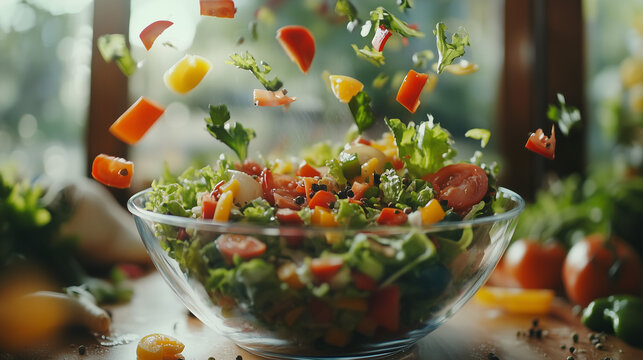 Fresh vegetables cascading into a salad bowl, embodying simplicity and health.