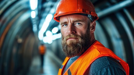 A rugged worker with a beard and orange safety gear looks over his shoulder in an industrial corridor, portraying a strong sense of focus and commitment to his work.