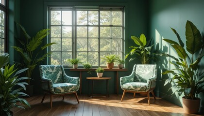 Serene Green Room with Tropical Plants and Armchairs
