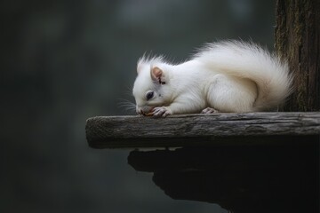 Charming Albino Squirrel Enjoying a Snack on a Wooden Platform with Fluffy Tail Curled Above Its Head in Natural Outdoor Setting